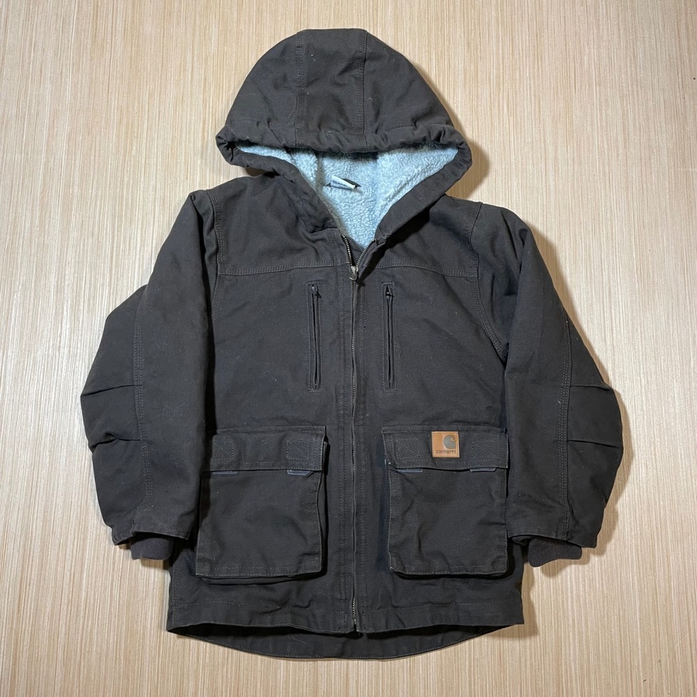 Carhartt Hooded Jacket Kids S 7/8 Brown Sherpa Lined Canvas Coat CP8486